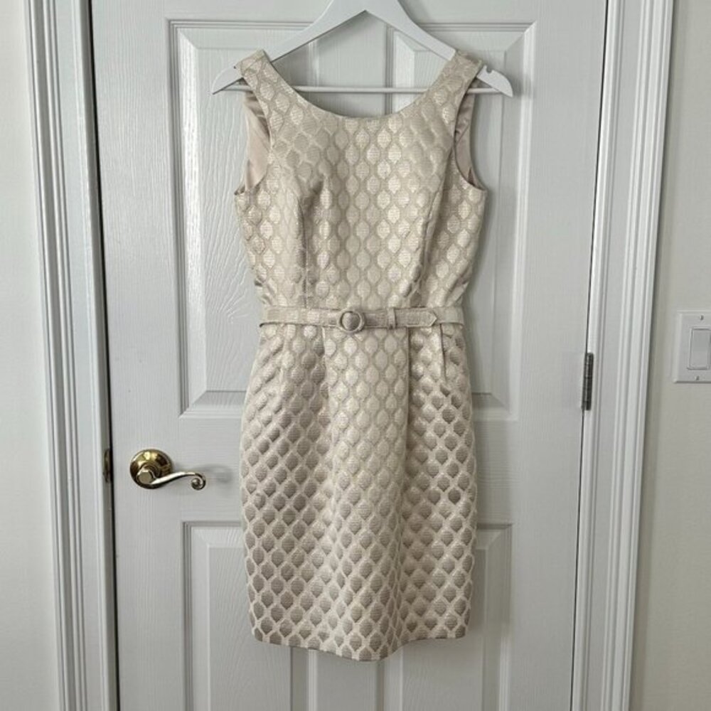 WHBM Champagne Metallic Diamond Jacquard Sheath Dress Sz 2